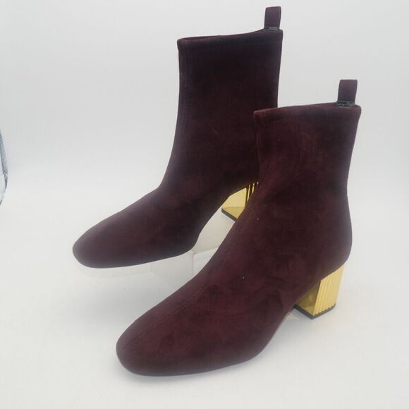 NEW Michael Kors Woman's 7.5 Porter Boots Suede Merlot Burgundy Gold Block Heel - Picture 3 of 12